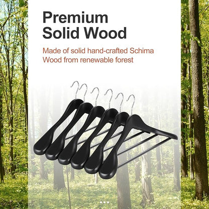 TOPIA HANGER Wide Shoulder Wooden Hangers, Suit Hangers with Non Slip Pants Bar & 360° Swivel Hook, Solid Wood Heavy Duty Coat Hanger, 10 Pack (Matte Black)-CT02B-10