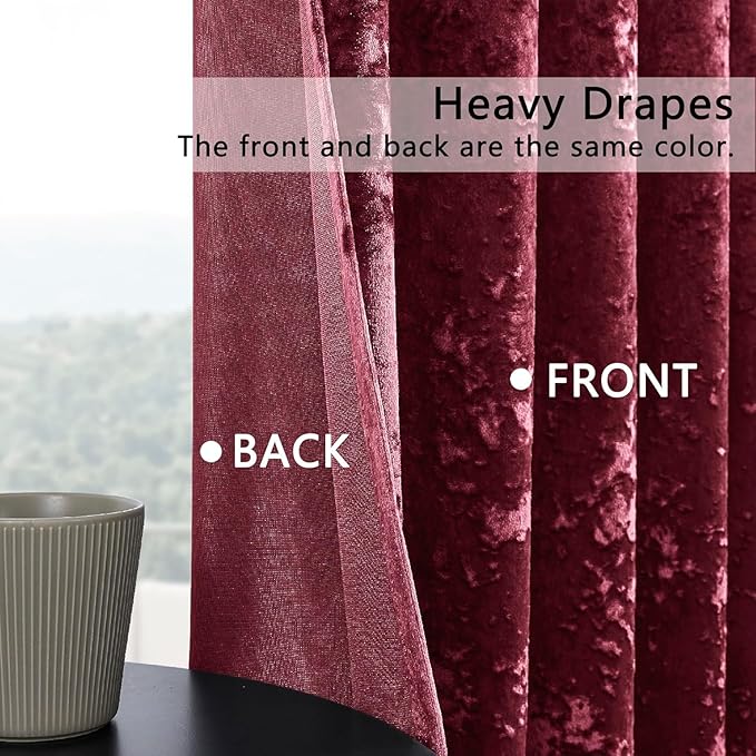 SMILETIME Burgundy Red Crushed Velvet Curtains 52x108 inch Luxurious Thermal Insulated Soundproof Drapes for Living Room Bedroom Office Soft and Durable Light-Filtering Window Treatments, 2 Panels