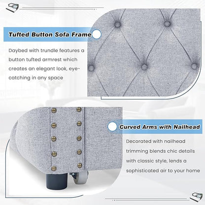 Antetek Daybed with Trundle, Upgraded Linen Upholstered Twin Size Day Bed Button-Tufted Sofa Daybed Frame with A Trundle,No Box Spring Needed,Furniture for Bedroom Living Room (Light Grey, Twin)