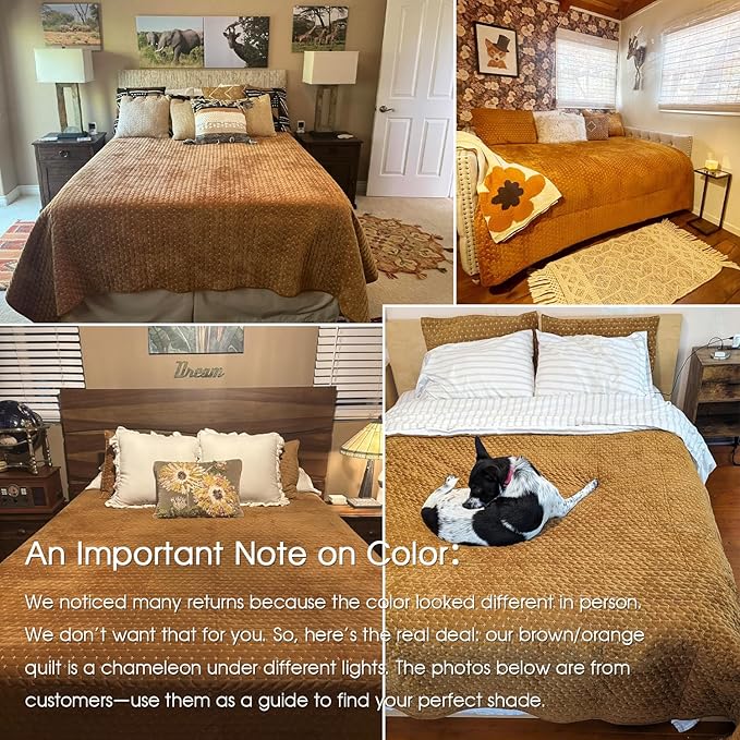 Powdion Velvet Quilt Queen, Oversized Bedspread Quilted Bedding Set, Luxurious Soft Coverlet Set Lightweight Velvet Comforter with 2 Pillow Shams,Brwon, 90x96 Cross Stitch Striped Quilt Queen
