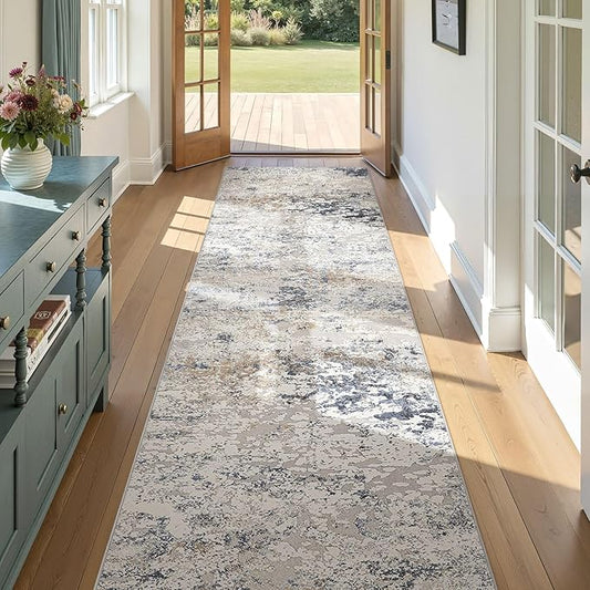 3x10 Washable Runner Rug for Hallway: Soft Neutral Modern Abstract Low Pile Rug Indoor - Carpet for Bedroom Dining Room Kitchen Entryway - Beige Blue