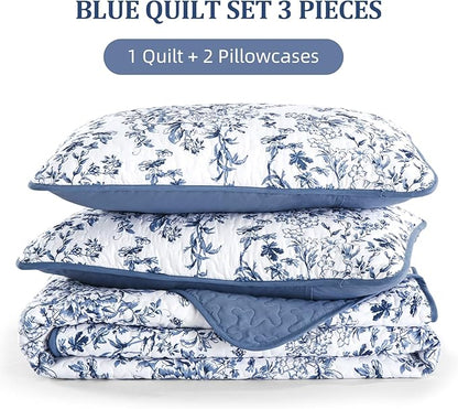 WONGS BEDDING Quilt Queen Size, Blue Quilt Bedding Set with 2 Pillowcases, Botanical Quilts for Queen Bed, Soft Microfiber Lightweight Coverlet Bedspread for All Season (96"×90", 3 Pieces)