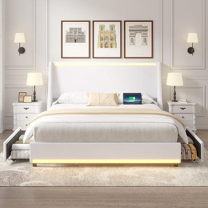 VECELO Full Size Bed Frame with Storage Drawers, Upholstered Platform Bedframe with Wingback Headboard, No Box Spring Needed, White