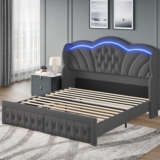 Keyluv Full Bed Frame with LED Lights and 2 Storage Drawers, Velvet Upholstered Platform with 47" Tall Arc-Shaped Wingback Headboard and Button Tufted Design, No Box Spring Needed, Noise-Free, Gray