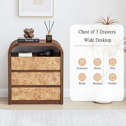 3 Drawer Dresser for Bedroom, Modern Chest of Drawers with Open Shelf, Burl Wood Tall Nightstand End Table for Living Room, Hallway (Walnut)