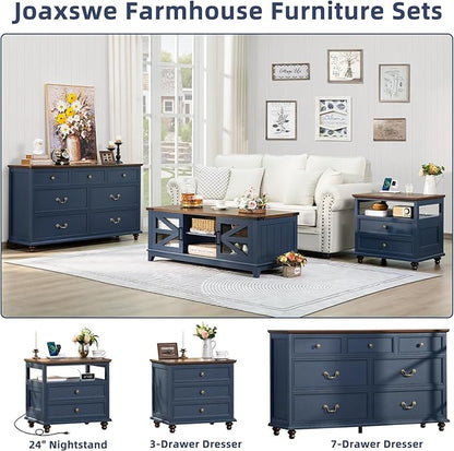 Farmhouse Furniture Set, Nightstands Set of 2 and 7 Drawers Dresser for Bedroom, 54 Inch Wide Wood Dresser and 24" Night Stands with Charging Station for Bedroom, Living Room, Hallway