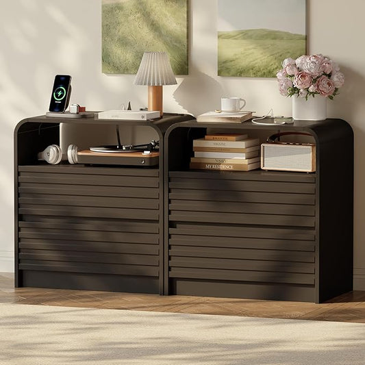 24" Wide Modern Fluted Nightstand with Charging Station Set of 2, Wood Bedside Table with Drawers, Mid Century End Table Nigthstand with Curved Profile Design for Bedroom, Living Room, Black