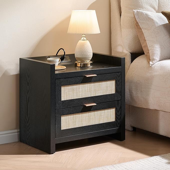 SICOTAS Night Stand Bedside Table - Rattan Nightstand End Table with Type-C Charging Station, 2 Drawers Storage Boho Night Stands for Bedroom - Black Oak