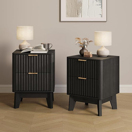 Fluted Nightstand Set of 2, Modern End Table with Metal Handle,2 Storage Drawers Side Table,Bedside Table for Bedroom,Wood Nightstands,Curved Profile Design Furnitue, Black