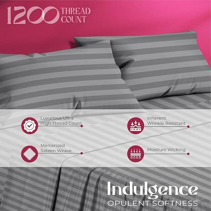 Mayfair Linen 100% Egyptian Cotton Sheets Queen Size - 1200 Thread Count 4 PC Damask Queen Sheet Set Egyptian Cotton, Sateen Luxury Sheet, High Thread Count Sheets, 17" Deep Pocket - Dark Grey Stripe