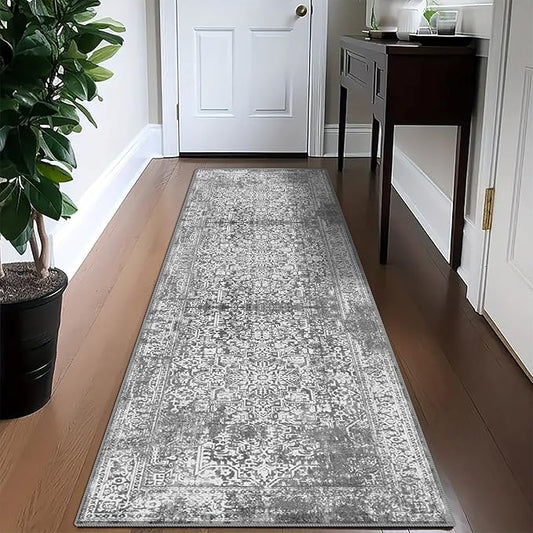 vivorug Grey Runner Rug 2x10 Machine Washable Rug with Non-Slip Backing, Ideal for Kitchen Hallway Entryway Laundry Room - Vintage, Durable, Easy Clean, Low Pile Carpet Runner