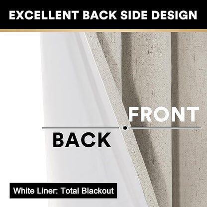 PrinceDeco Linen Blackout Curtains for Bedroom/Living Room 100% Black Out Curtains 96 Inch Long 2 Panels Set Linen Look Room Darkening Thermal curtains with White Liner Backing for Nursery Decor,Stone