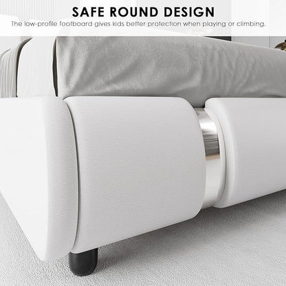 TTVIEW Modern Faux Leather Upholstered Platform Bed Frame with Iron Metal Decor, Adjustable Curved Headboard, Wooden Slats Support, No Box Spring Needed, Queen Size, White