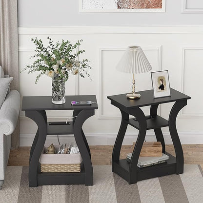 Black End Table Set of 2 with Charging Station, Side Table with USB Ports and Outlets, Black Nightstand, 3 Tier End Table with Storage Shelf for Living Room, Bedroom