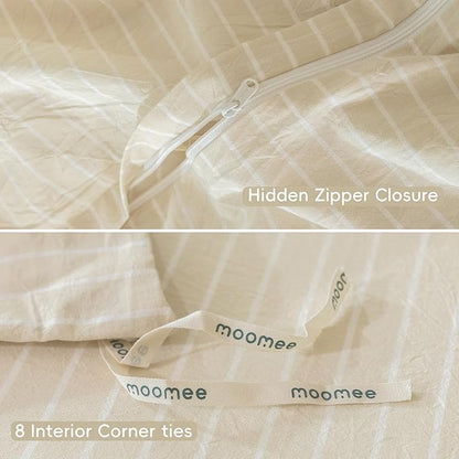 MooMee Striped Duvet Cover Set 100% Washed Cotton Linen Like Textured Breathable Durable Soft Comfy (Almond Milk Grey White Wide Stripes, Full 80"x90")