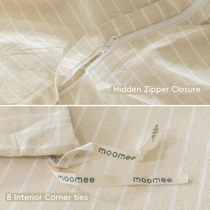MooMee Striped Duvet Cover Set 100% Washed Cotton Linen Like Textured Breathable Durable Soft Comfy (Almond Milk Grey White Wide Stripes, Queen 90"x90")