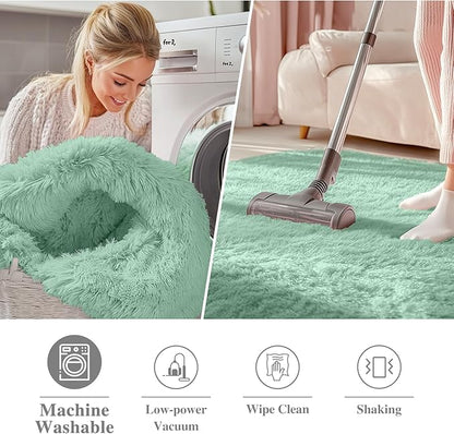 OLANLY Mint Green Round Rugs for Bedroom - Machine Washable, 3 ft Circle Area Rugs for Living Room, Soft and Fluffy Shaggy Carpet for Teen Girls and Boys, Nursery Rooms, Dorms, Home Decor Aesthetic