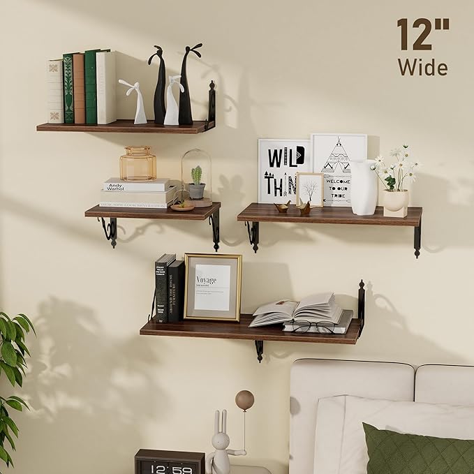 Dreamland Deep Floating Shelves, 48" W x 12" D Wall Shelves Set of 2, Wide Display Shelf Wall Mounted with Brackets, Bookshelf for Living Room, Bathroom, Bedroom, Walnut