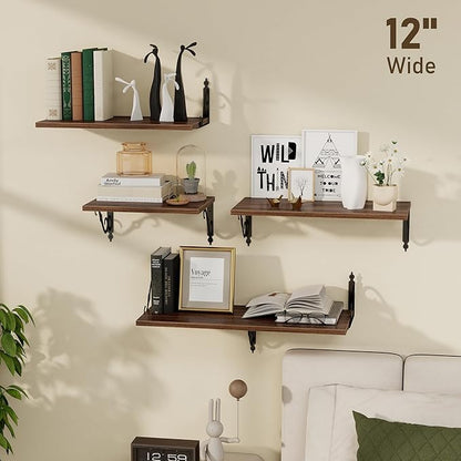 Dreamland Deep Floating Shelves, 48" W x 12" D Wall Shelves Set of 2, Wide Display Shelf Wall Mounted with Brackets, Bookshelf for Living Room, Bathroom, Bedroom, Walnut