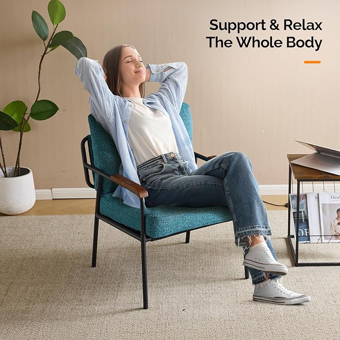 VINGLI Mid-Century Modern Accent Armchiars Set of 2 for Small Space, Small Comfy Upholstered Leisure Reading Chairs with Wood Armrests for Bedroom, Living Room, Waiting Room, Linen Teal