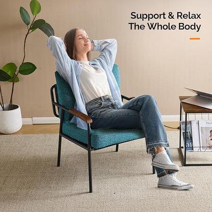 VINGLI Mid-Century Modern Accent Armchiars Set of 2 for Small Space, Small Comfy Upholstered Leisure Reading Chairs with Wood Armrests for Bedroom, Living Room, Waiting Room, Linen Teal
