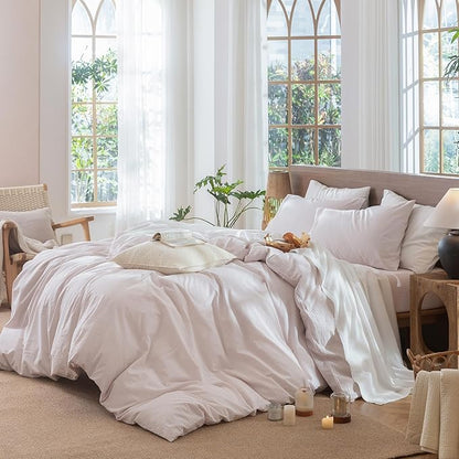 MooMee Striped Duvet Cover Set 100% Washed Cotton Linen Like Textured Breathable Durable Soft Comfy (Heathered Greyish Pink Pinstripes, Queen 90"x90")
