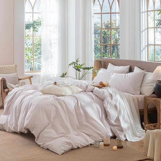 MooMee Striped Duvet Cover Set 100% Washed Cotton Linen Like Textured Breathable Durable Soft Comfy (Heathered Greyish Pink Pinstripes, Cal King 104"x98")