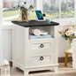 18" Farmhouse Night Stand with Charging Station, 2 Drawers End Table Dresser for Bedroom, White Wooden Nightstand, Bed Side Table with Open Shelf, Bedside Cabinet for Living Room, Closet