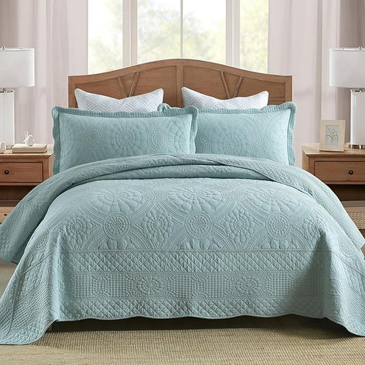 MarCielo 100% Cotton Quilt Set - 3-Piece Embroidered Farmhouse Bedspread & Shams, All-Season Breathable Bedding (Tf Aruba Blue, Queen)