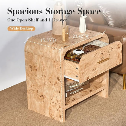 Night Stand Set of 2 [Unique Curved Profile] [FSC-Certified Wooden Board] 1-Drawer and 1 Storage Shelf Nightstand 24" H Metal Handle Modern Bedside Table Side Table End Table