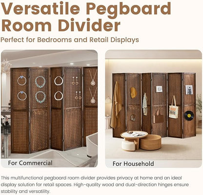 6 Panel Pegboard Display with 24 Hooks,Partition Room dividers, Wooden Room Divider Wall and Folding Privacy Screens, Pegboard Room Divider, Bedroom, Balcony, Dark Brown