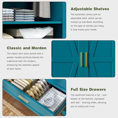COFaR Metal Wardrobe Cabinet, 71 Farmhouse Armoire Wardrobe Closet with Rods, 2 Barn Doors, Adjustable Shelves, Steel with 2 Drawer Bedroom armoires, Blue Green