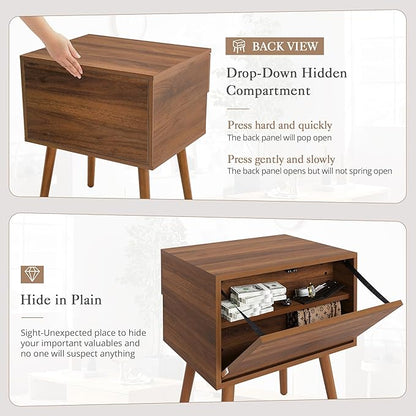 Hidden Compartment Nightstands, Mid Century Modern Concealment Furniture, Bedside Table with Wood Legs, End Table with Storage Drawer for Bedroom (1,Walnut)