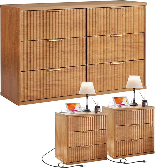 LEYAOYAO Fluted Dresser and 3 Drawers Nightstand Set of 2, Wood 48" Wide Dresser & 23" Night Stand with Charging Station, 3 Piece Bedroom Furniture Set, Chest of Drawers for Home,Living Room,Brown