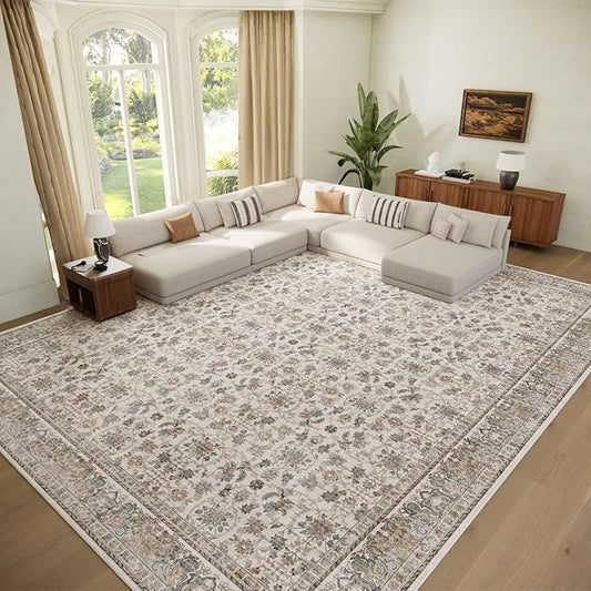 Washable 10x14 Area Rugs for Living Room, Boho Non-Slip Vintage Distress Large Rugs for Bedroom Dining Room Office, 0.3" Neutral Oriental Throw Thin Carpet, Cream/Blue/Orange/Multi