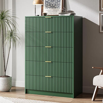 5 Drawer Dresser for Bedroom, Tall Dresser Chest of Drawers with Gold Handles, 32 Inch Wide Nightstand with for Bedroom, Living Rooms, Offices, and Entryways, Green
