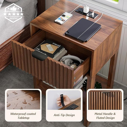 Night Stand Set 2, Fluted Nightstand with Charging Station, Wood Bedside Table with Drawer & Storage Shelf, Modern End Tables for Bedroom Sofa Couch Office, Walnut