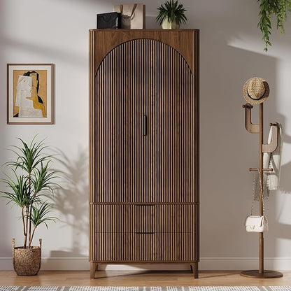 70.1" Arched Wooden Armoire Wardrobe Closet with 2 Doors and 2 Drawers, Fluted Bedroom Armoire with Hanging Rod Shelf, Clothing Storage Cabinet, Wardrobe Armoire Closet Cabinet for Bedroom