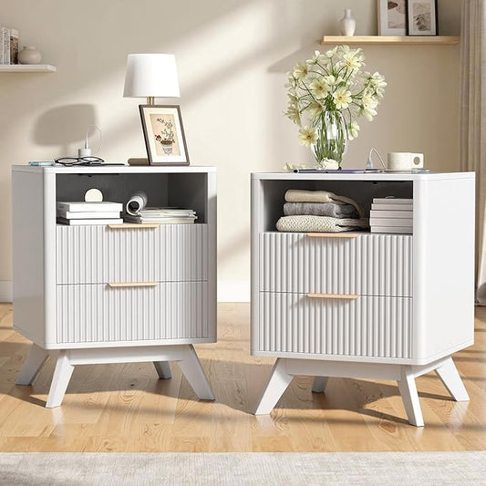 Modern Nightstand Set of 2, Side Table with Charging Station,Bedside Tables with Drawer, Mid-Century End Tables for Bedroom, Sturdy Storage Side Tables,White