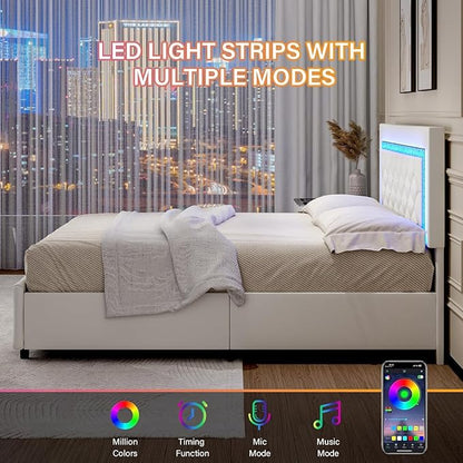BarnFurin Full Size Bed Frame with LED Lights, Upholstered Bed Frame with Storage Drawers, Modern Platform Bed with Diamond Headboard and Footboard, No Box Spring Needed, White