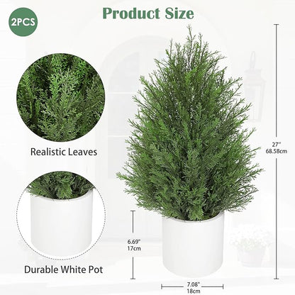 Briful 27” Artificial Cedar Topiary Tree in White Planter, 2PCS – Realistic Faux Evergreen Faux Floor Plant with Layered Leaves, Decorative Indoor Outdoor Potted Shrub for Home, Office, Patio, Porch