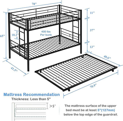 VECELO Bunk Bed Twin Over Twin with Trundle, Metal Bunkbeds with Ladder and Full-Length Guardrail, No Box Spring Needed, Space Saving, Noise Free, Black