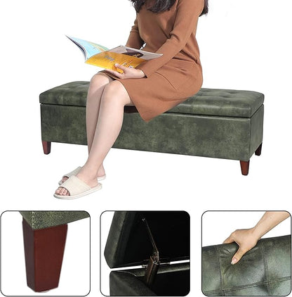 Joveco Storage Ottoman Bench, 51 Inch Tufted Leather Rectangle Bench for End Foot of Bed, Bedroom, Living Room, Deep Green