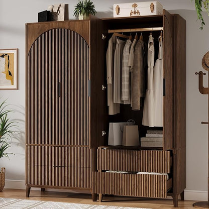 70.1" Arched Wooden Armoire Wardrobe Closet with 2 Doors and 2 Drawers, Fluted Bedroom Armoire with Hanging Rod Shelf, Clothing Storage Cabinet, Wardrobe Armoire Closet Cabinet for Bedroom