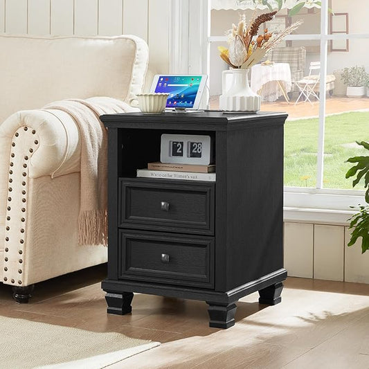 SAVOR LIFE Farmhouse Side Table with Charging Station, Rustic Black Nightstand,2 Drawers End Table for Living Room,Bedside Table with Open Shelf for Bed Room,Black