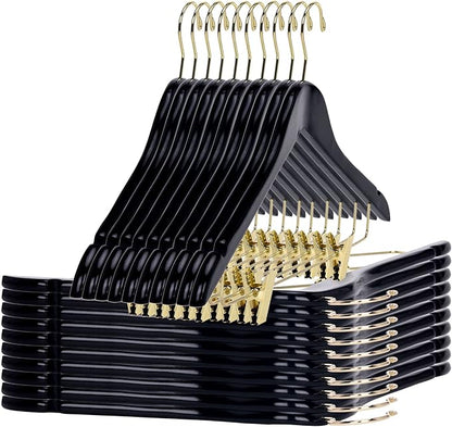 Quality Black Wooden Skirt Hangers with Clips, 20-Pack Smooth Solid Wood Pants Hangers with Durable Adjustable Metal Clips, Swivel Hook, Coat, Jacket, Blouse Suit Hangers (Black-Gold Hook, 20)