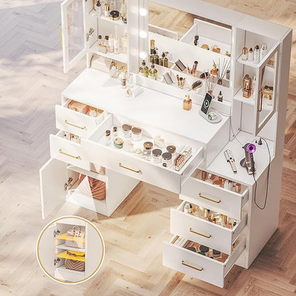 51" Vanity Desk with Mirror and Lights & Charging Station, Bedroom Dressing Table, Large Vanity Set, 6 Drawers and 2 Cabinets, Makeup Vanity Table with Charging Station, Without Stool