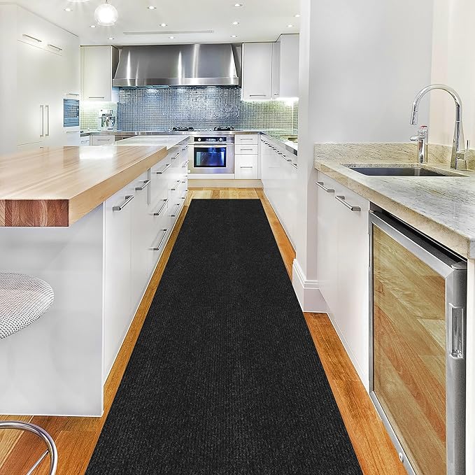Ottomanson 2' x 44' Hallway Runner with Scraper Pile Extra Durable Non-Slip Rug Mat for Indoor & Outdoor Use - Ideal for Kitchen, Entryway, Patio & Garage - High-Traffic Carpet, Black