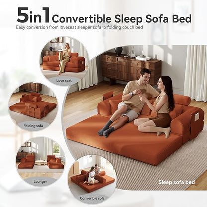 Upgrade High Backrest Design Sofa Bed with Fixed-Shape Frame & Removable Armrests and Backrest, Corduroy Fabric, Convertible Mattress Couch for Small Spaces - No Assembly Needed (High Backrest Orange)