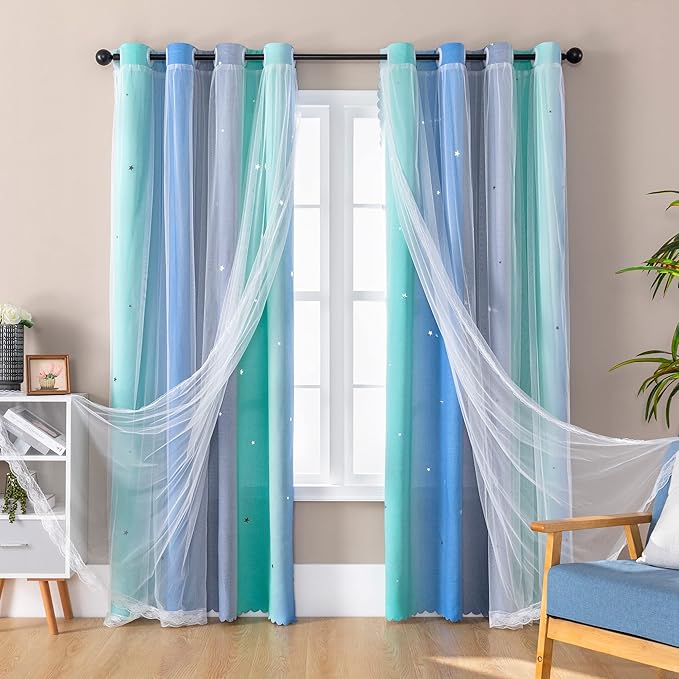 XiDi Dream Star Blackout Curtains for Kids Rooms Girl Princess Curtain for Daughter Bedroom Window (Blue Green Grey, W52 X L72)